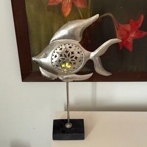 Vintage Metal Fish Tealight Holder Sculpture Modern Organic Rustic Primitive